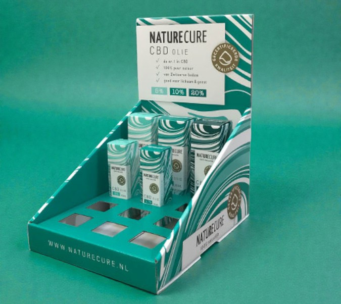 Display van golfkarton met interieur voor vouwkartonnen doosjes voor cbd olie