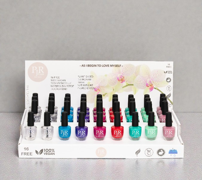 Golfkartonnen toonbankdisplay met flesjes nagellak voor retailpresentatie