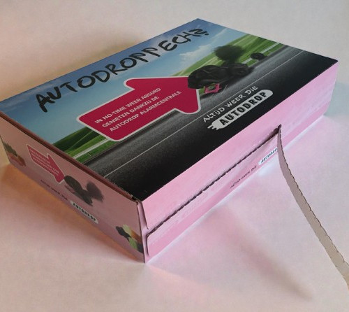 fullcolor bedrukte golfkartonnen verzenddoos met perforatie voor autodrop