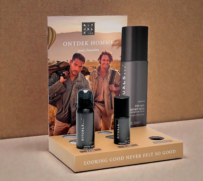 Display verpakking van karton met vakindeling voor deodorant van rituals