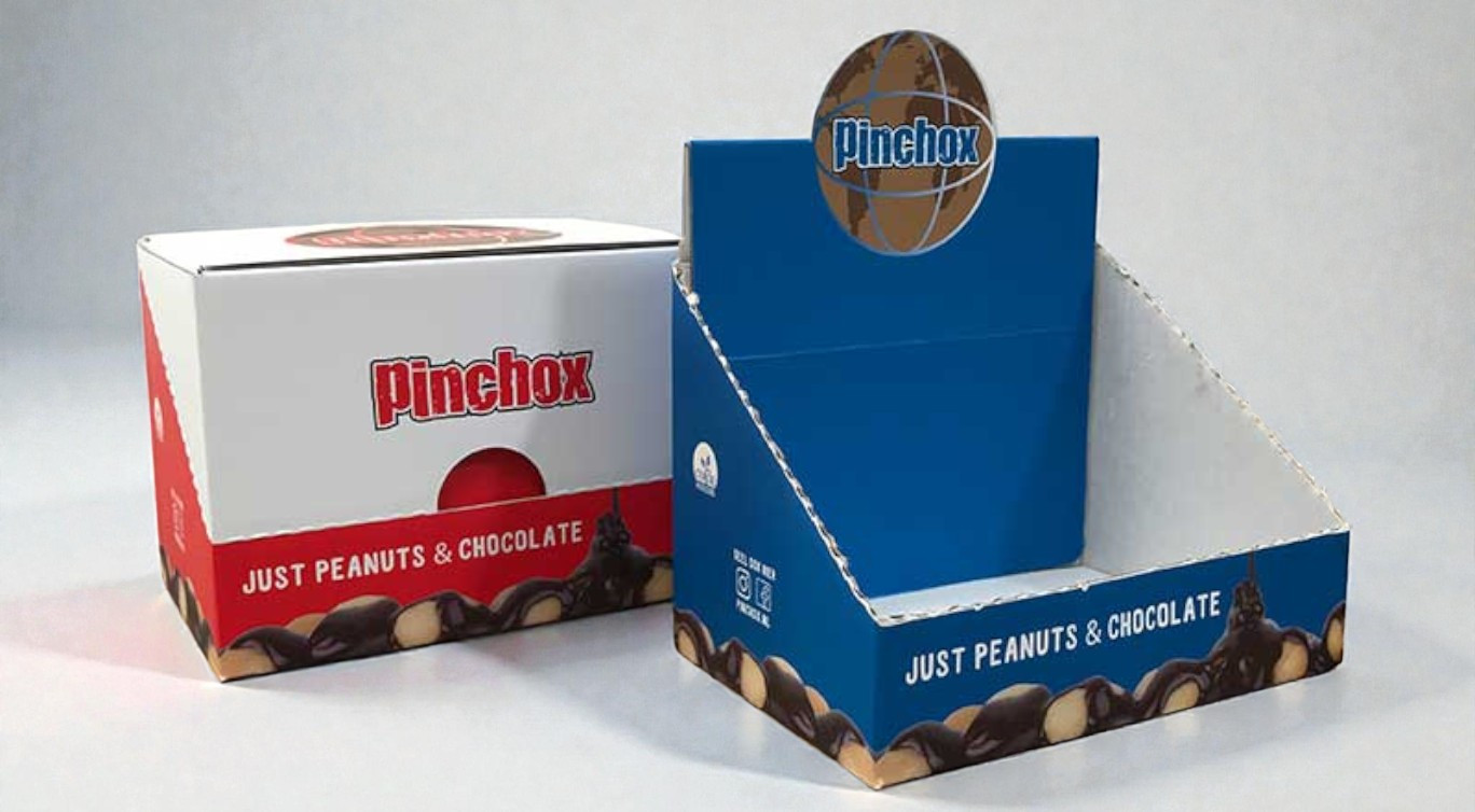 Kartonnen snack display voor pinda's in winkelpresentatie