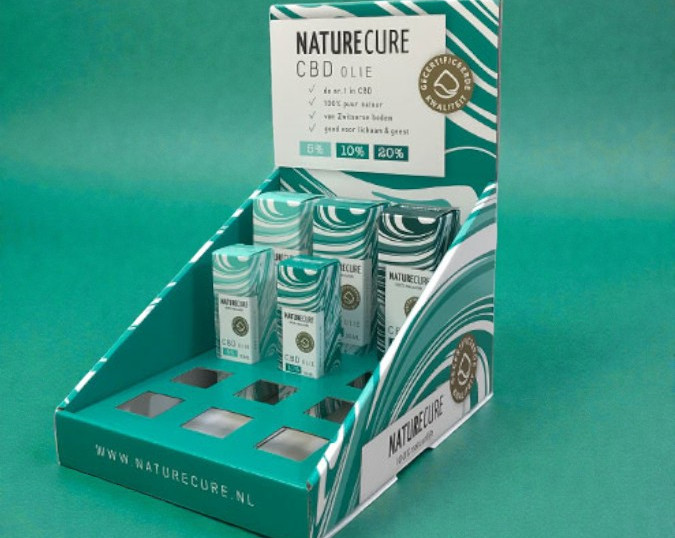 Display van golfkarton met interieur voor vouwkartonnen doosjes voor cbd olie