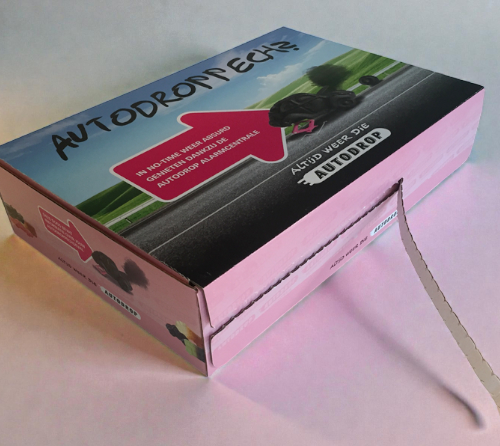 Bedrukte verzenddoos met perforatie voor het merk autodrop