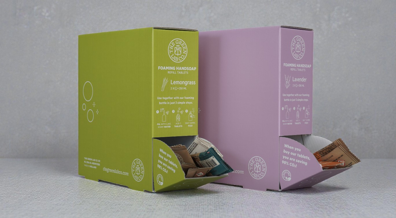 Toonbank display van golfkarton voor handzeep tabletten